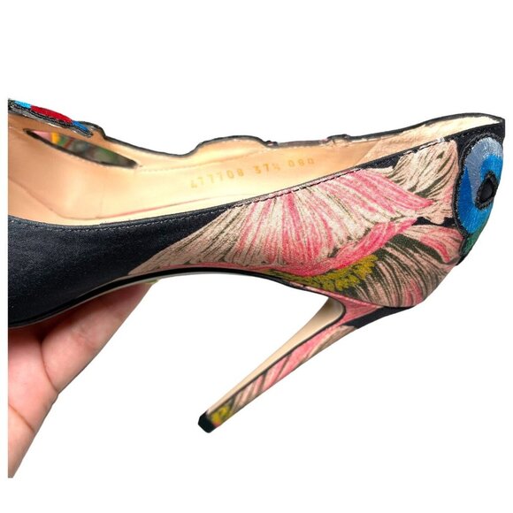 GUCCI Ophelia Embroidered Flower Heels Size 37.5 Cloth EUC Floral - Picture 11 of 12